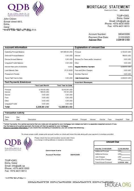 Relevé hypothécaire de la banque de développement du Qatar aux formats Word et PDF